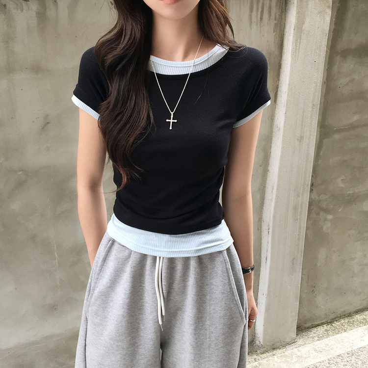 [데일리무드][레이어드효과] 옆셔링으로 허리잘록! 하리보 라운드 배색 레이어드 여름 반팔 티셔츠 골지 슬림핏 상의, 말라보이는 셔링 반팔티 4color 블랙