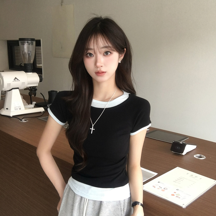 [데일리무드][레이어드효과] 옆셔링으로 허리잘록! 하리보 라운드 배색 레이어드 여름 반팔 티셔츠 골지 슬림핏 상의, 말라보이는 셔링 반팔티 4color 블랙