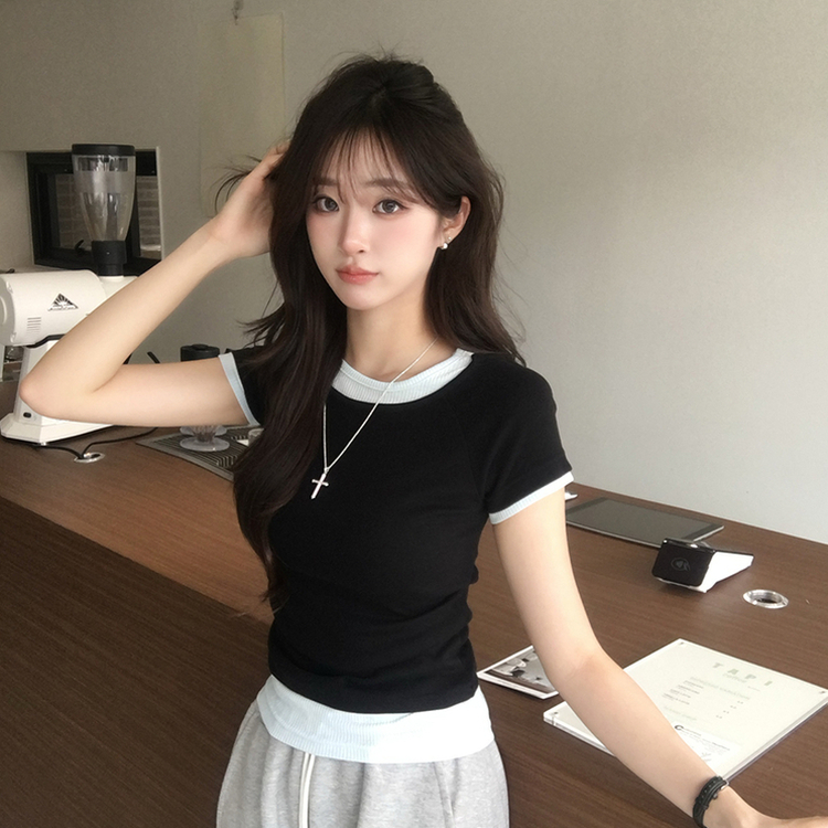 [데일리무드][레이어드효과] 옆셔링으로 허리잘록! 하리보 라운드 배색 레이어드 여름 반팔 티셔츠 골지 슬림핏 상의, 말라보이는 셔링 반팔티 4color 블랙
