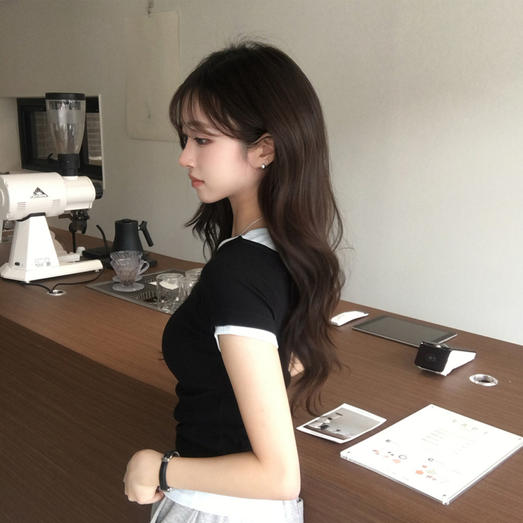 [데일리무드][레이어드효과] 옆셔링으로 허리잘록! 하리보 라운드 배색 레이어드 여름 반팔 티셔츠 골지 슬림핏 상의, 말라보이는 셔링 반팔티 4color 블랙