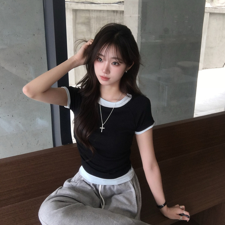 [데일리무드][레이어드효과] 옆셔링으로 허리잘록! 하리보 라운드 배색 레이어드 여름 반팔 티셔츠 골지 슬림핏 상의, 말라보이는 셔링 반팔티 4color 블랙