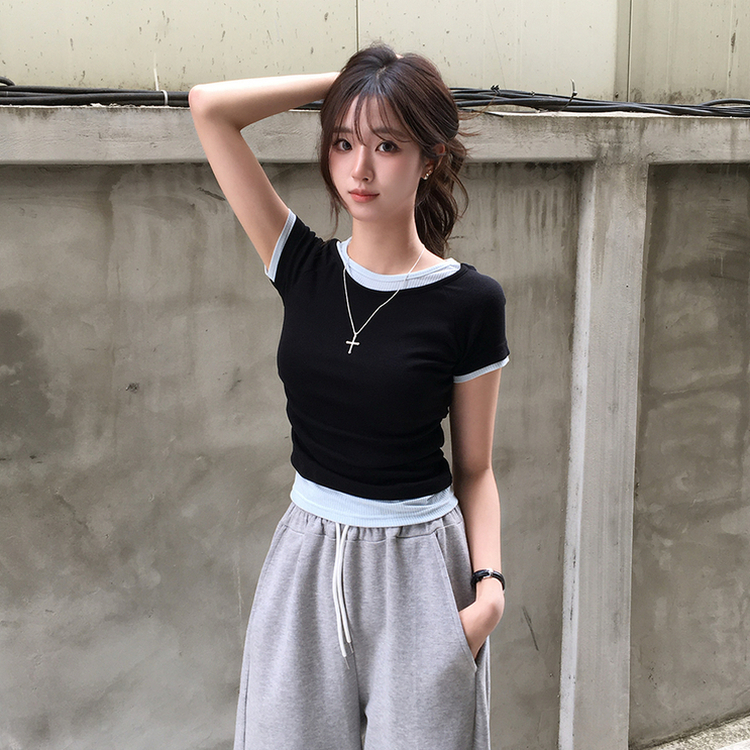 [데일리무드][레이어드효과] 옆셔링으로 허리잘록! 하리보 라운드 배색 레이어드 여름 반팔 티셔츠 골지 슬림핏 상의, 말라보이는 셔링 반팔티 4color 블랙