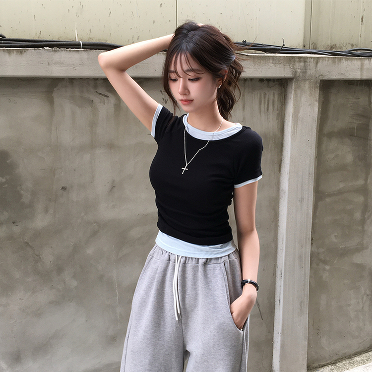 [데일리무드][레이어드효과] 옆셔링으로 허리잘록! 하리보 라운드 배색 레이어드 여름 반팔 티셔츠 골지 슬림핏 상의, 말라보이는 셔링 반팔티 4color 블랙