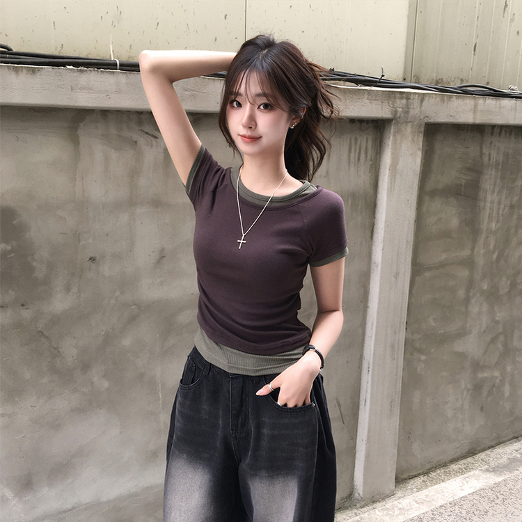 [데일리무드][레이어드효과] 옆셔링으로 허리잘록! 하리보 라운드 배색 레이어드 여름 반팔 티셔츠 골지 슬림핏 상의, 말라보이는 셔링 반팔티 4color 밤색