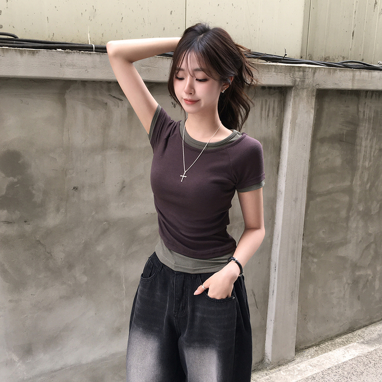 [데일리무드][레이어드효과] 옆셔링으로 허리잘록! 하리보 라운드 배색 레이어드 여름 반팔 티셔츠 골지 슬림핏 상의, 말라보이는 셔링 반팔티 4color 밤색