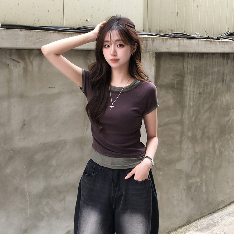 [데일리무드][레이어드효과] 옆셔링으로 허리잘록! 하리보 라운드 배색 레이어드 여름 반팔 티셔츠 골지 슬림핏 상의, 말라보이는 셔링 반팔티 4color 밤색