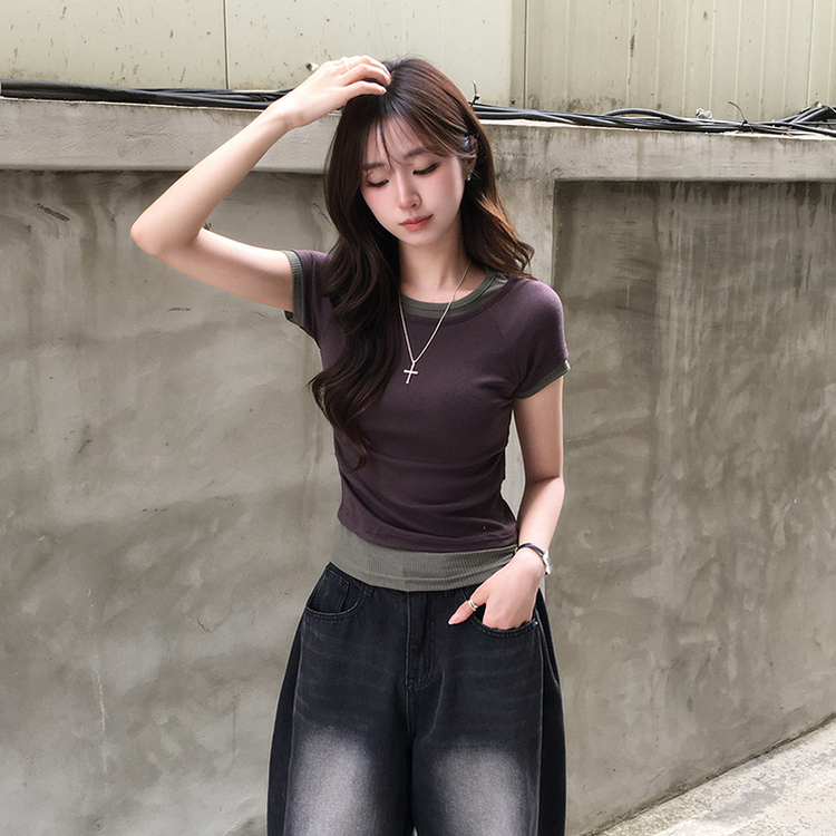 [데일리무드][레이어드효과] 옆셔링으로 허리잘록! 하리보 라운드 배색 레이어드 여름 반팔 티셔츠 골지 슬림핏 상의, 말라보이는 셔링 반팔티 4color 밤색