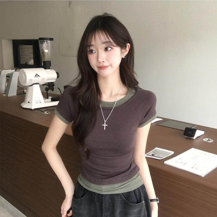 [데일리무드][레이어드효과] 옆셔링으로 허리잘록! 하리보 라운드 배색 레이어드 여름 반팔 티셔츠 골지 슬림핏 상의, 말라보이는 셔링 반팔티 4color 밤색