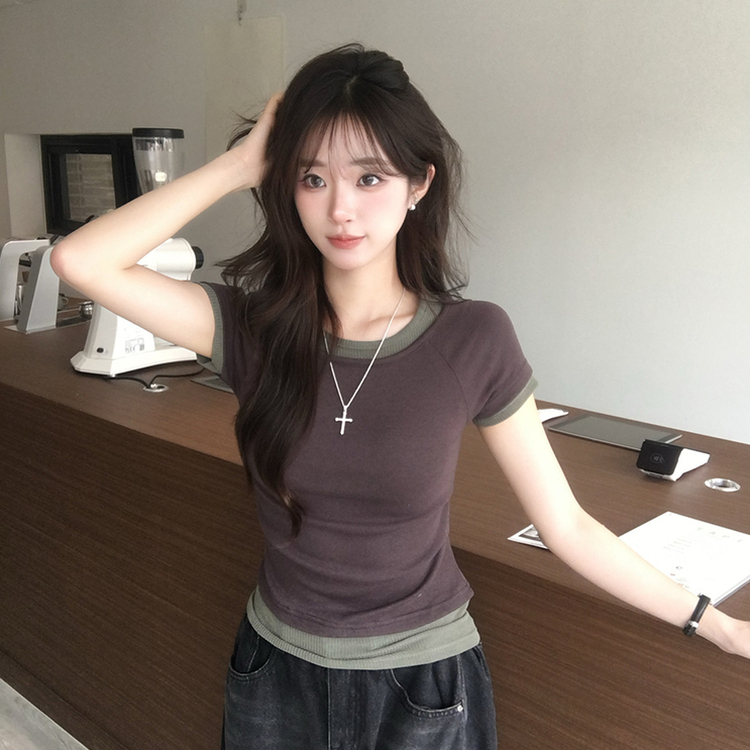 [데일리무드][레이어드효과] 옆셔링으로 허리잘록! 하리보 라운드 배색 레이어드 여름 반팔 티셔츠 골지 슬림핏 상의, 말라보이는 셔링 반팔티 4color 밤색