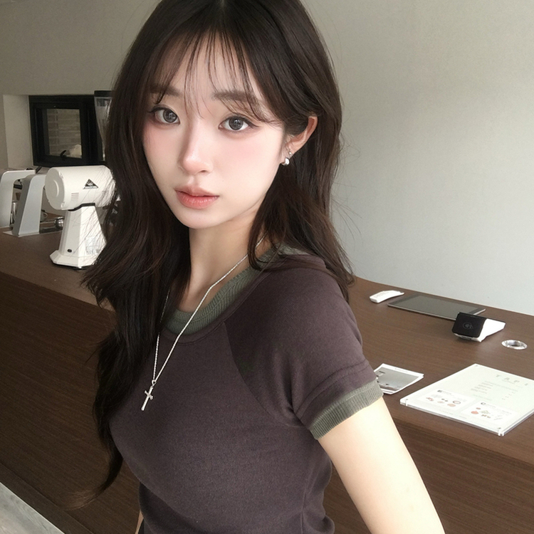 [데일리무드][레이어드효과] 옆셔링으로 허리잘록! 하리보 라운드 배색 레이어드 여름 반팔 티셔츠 골지 슬림핏 상의, 말라보이는 셔링 반팔티 4color 밤색