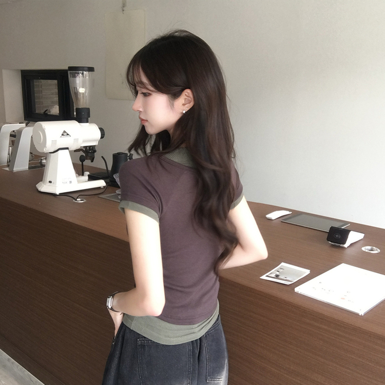 [데일리무드][레이어드효과] 옆셔링으로 허리잘록! 하리보 라운드 배색 레이어드 여름 반팔 티셔츠 골지 슬림핏 상의, 말라보이는 셔링 반팔티 4color 밤색