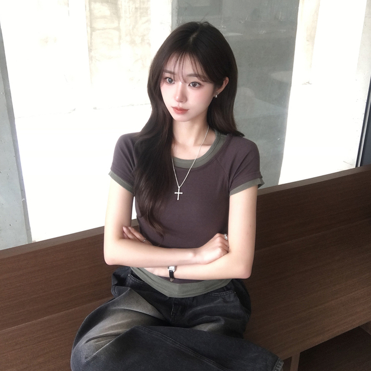 [데일리무드][레이어드효과] 옆셔링으로 허리잘록! 하리보 라운드 배색 레이어드 여름 반팔 티셔츠 골지 슬림핏 상의, 말라보이는 셔링 반팔티 4color 밤색