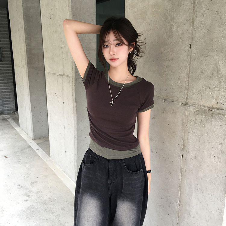 [데일리무드][레이어드효과] 옆셔링으로 허리잘록! 하리보 라운드 배색 레이어드 여름 반팔 티셔츠 골지 슬림핏 상의, 말라보이는 셔링 반팔티 4color 밤색