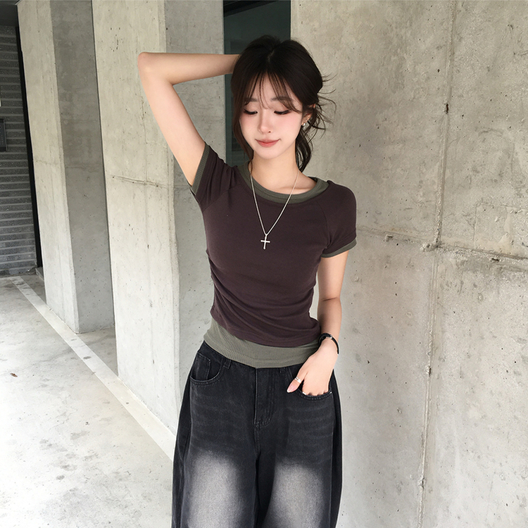 [데일리무드][레이어드효과] 옆셔링으로 허리잘록! 하리보 라운드 배색 레이어드 여름 반팔 티셔츠 골지 슬림핏 상의, 말라보이는 셔링 반팔티 4color 밤색