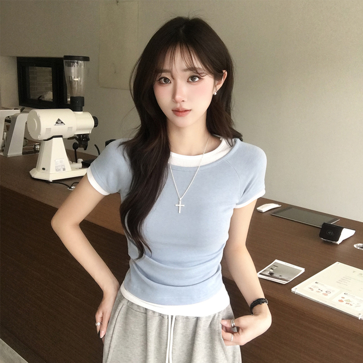 [데일리무드][레이어드효과] 옆셔링으로 허리잘록! 하리보 라운드 배색 레이어드 여름 반팔 티셔츠 골지 슬림핏 상의, 말라보이는 셔링 반팔티 4color 소라