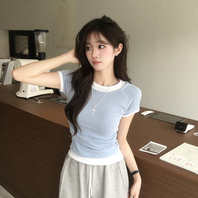 [데일리무드][레이어드효과] 옆셔링으로 허리잘록! 하리보 라운드 배색 레이어드 여름 반팔 티셔츠 골지 슬림핏 상의, 말라보이는 셔링 반팔티 4color 소라