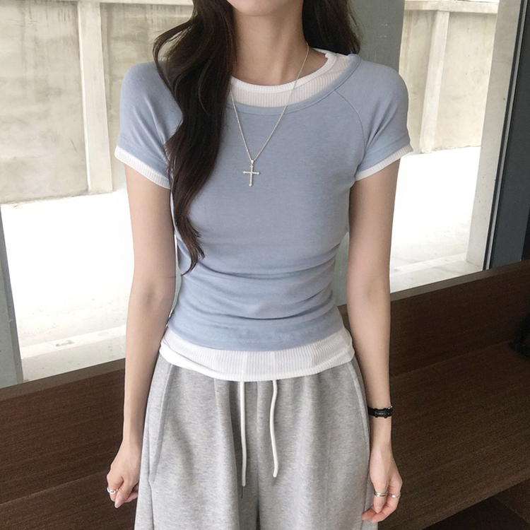 [데일리무드][레이어드효과] 옆셔링으로 허리잘록! 하리보 라운드 배색 레이어드 여름 반팔 티셔츠 골지 슬림핏 상의, 말라보이는 셔링 반팔티 4color 소라