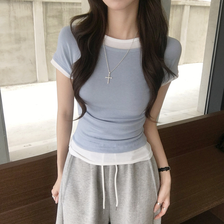[데일리무드][레이어드효과] 옆셔링으로 허리잘록! 하리보 라운드 배색 레이어드 여름 반팔 티셔츠 골지 슬림핏 상의, 말라보이는 셔링 반팔티 4color 소라
