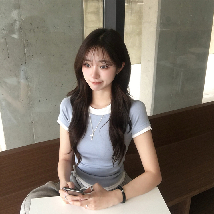 [데일리무드][레이어드효과] 옆셔링으로 허리잘록! 하리보 라운드 배색 레이어드 여름 반팔 티셔츠 골지 슬림핏 상의, 말라보이는 셔링 반팔티 4color 소라