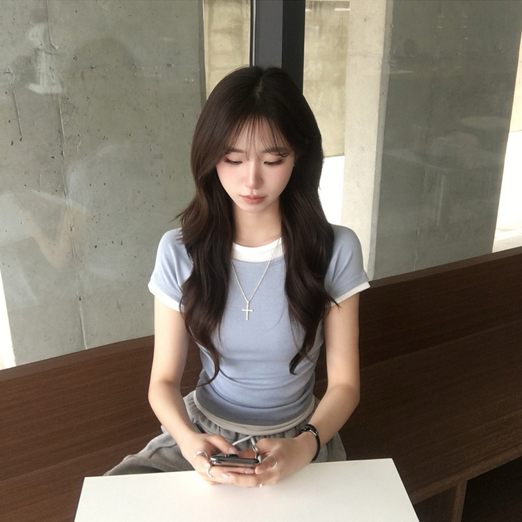 [데일리무드][레이어드효과] 옆셔링으로 허리잘록! 하리보 라운드 배색 레이어드 여름 반팔 티셔츠 골지 슬림핏 상의, 말라보이는 셔링 반팔티 4color 소라