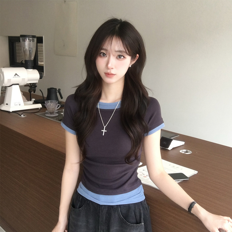 [데일리무드][레이어드효과] 옆셔링으로 허리잘록! 하리보 라운드 배색 레이어드 여름 반팔 티셔츠 골지 슬림핏 상의, 말라보이는 셔링 반팔티 4color 먹색