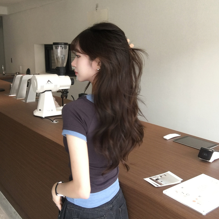 [데일리무드][레이어드효과] 옆셔링으로 허리잘록! 하리보 라운드 배색 레이어드 여름 반팔 티셔츠 골지 슬림핏 상의, 말라보이는 셔링 반팔티 4color 먹색