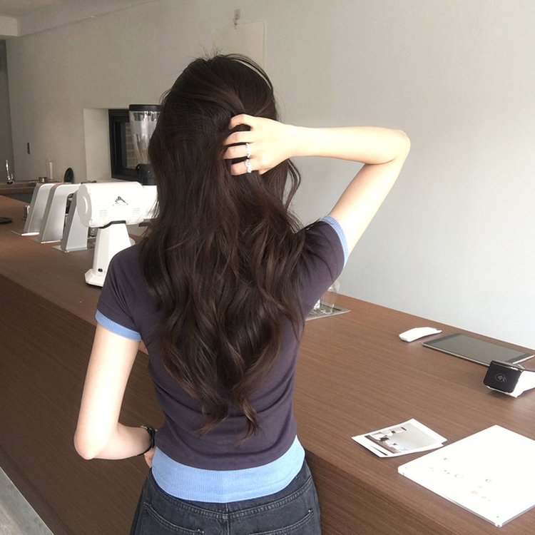 [데일리무드][레이어드효과] 옆셔링으로 허리잘록! 하리보 라운드 배색 레이어드 여름 반팔 티셔츠 골지 슬림핏 상의, 말라보이는 셔링 반팔티 4color 먹색