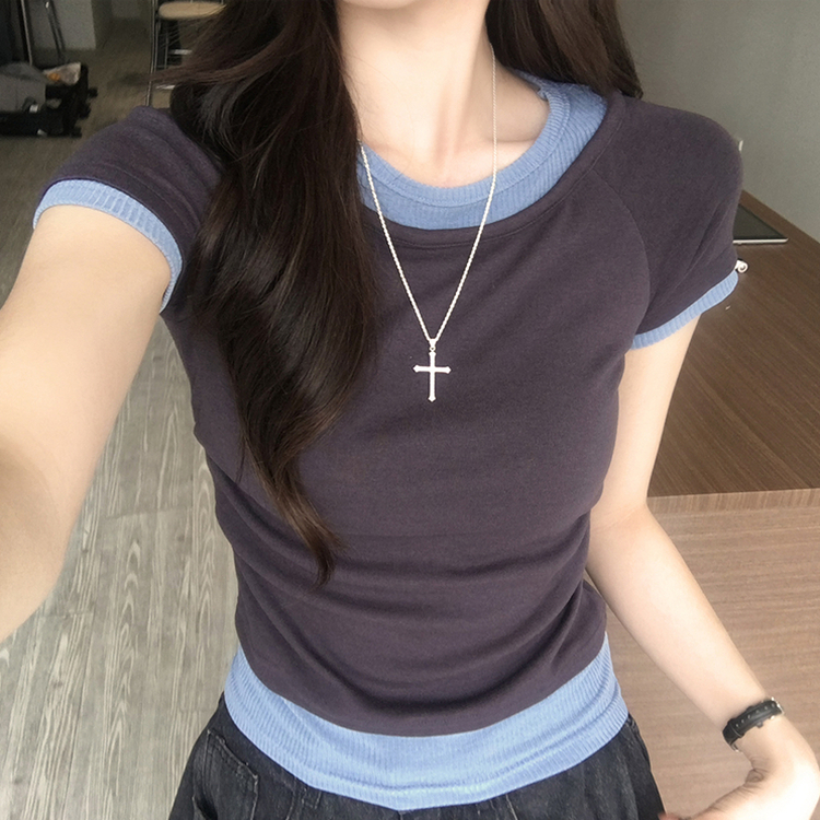 [데일리무드][레이어드효과] 옆셔링으로 허리잘록! 하리보 라운드 배색 레이어드 여름 반팔 티셔츠 골지 슬림핏 상의, 말라보이는 셔링 반팔티 4color 먹색