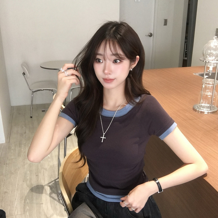 [데일리무드][레이어드효과] 옆셔링으로 허리잘록! 하리보 라운드 배색 레이어드 여름 반팔 티셔츠 골지 슬림핏 상의, 말라보이는 셔링 반팔티 4color 먹색