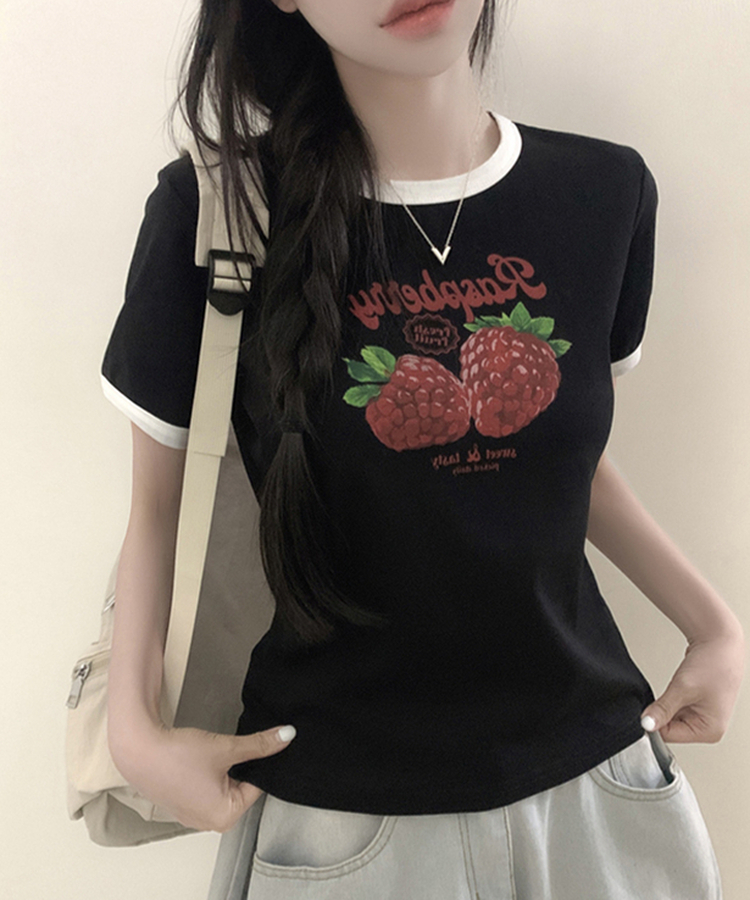 フルーツレタリングリンガー半袖Tシャツ BLACK