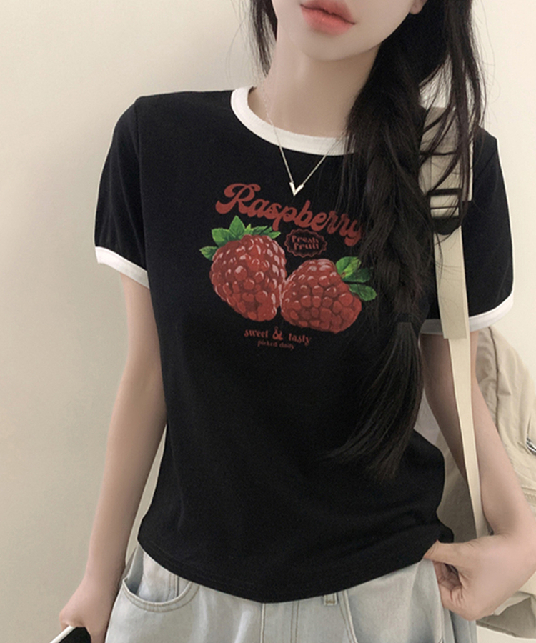 フルーツレタリングリンガー半袖Tシャツ BLACK