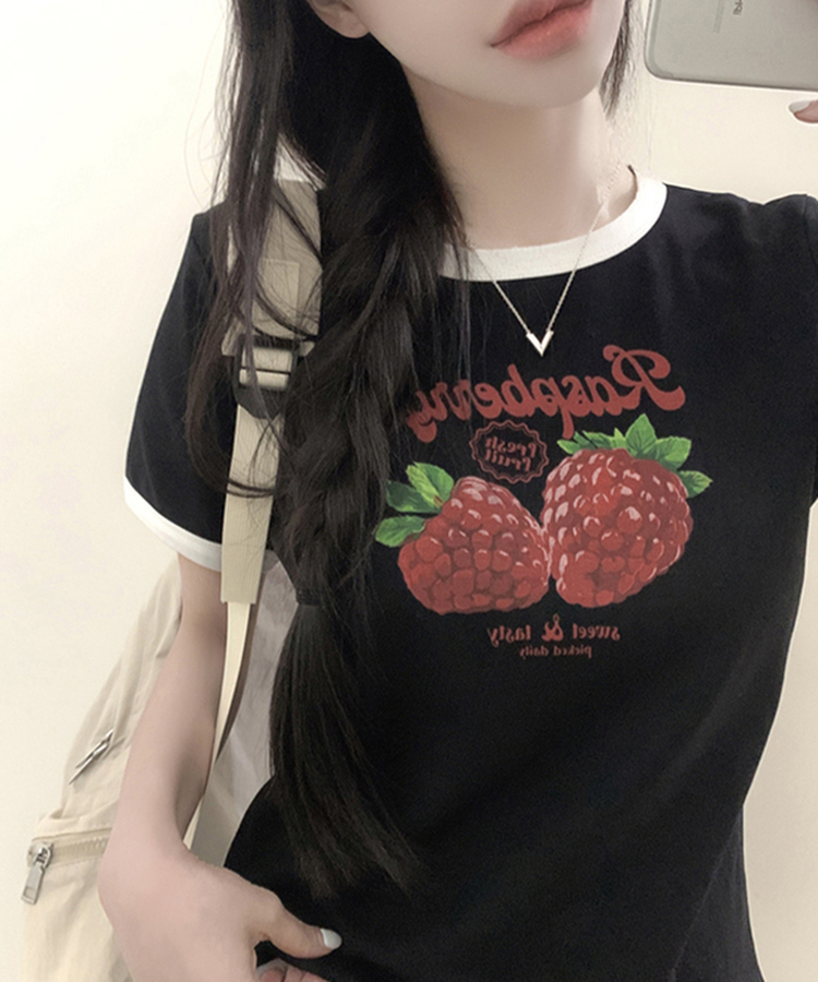フルーツレタリングリンガー半袖Tシャツ BLACK