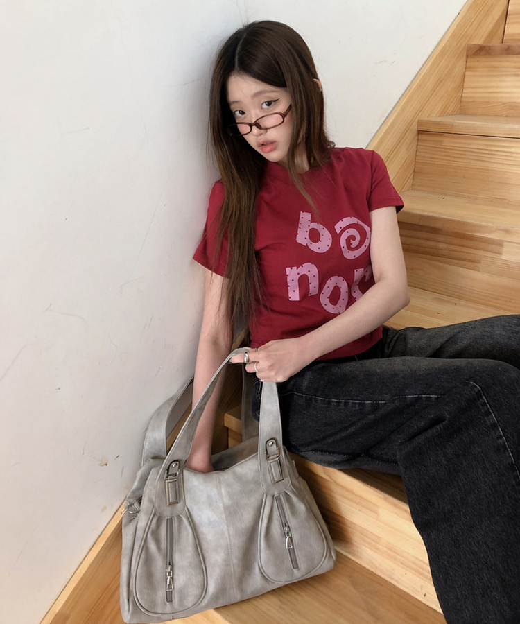 ドットレタリングラウンド半袖Tシャツ WINE