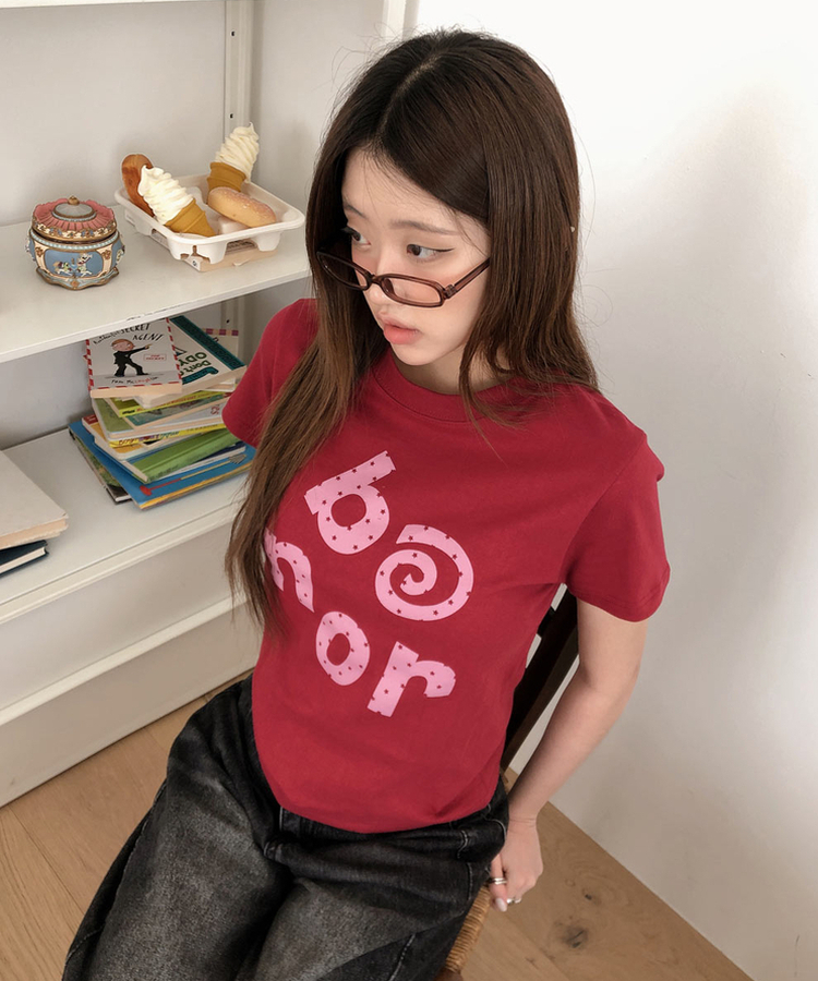 ドットレタリングラウンド半袖Tシャツ WINE