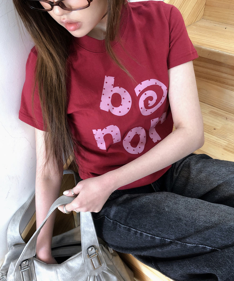ドットレタリングラウンド半袖Tシャツ WINE