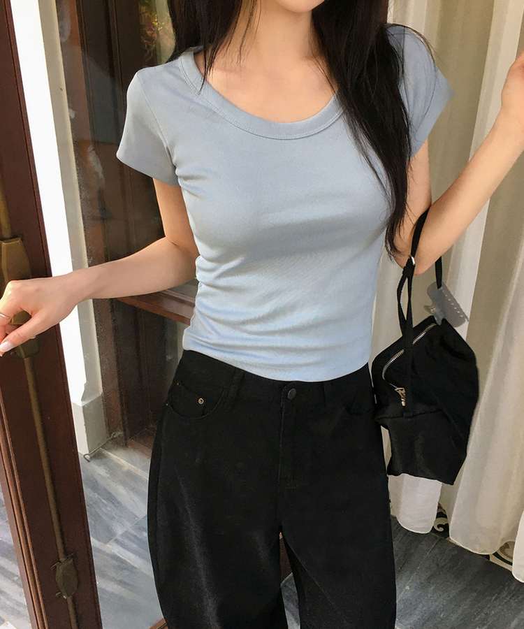 Uネックコットン半袖Tシャツ(7color) SOFT BLUE