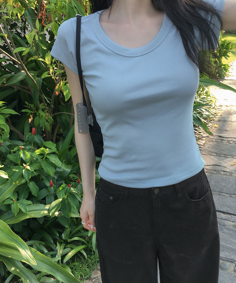 Uネックコットン半袖Tシャツ(7color) SOFT BLUE