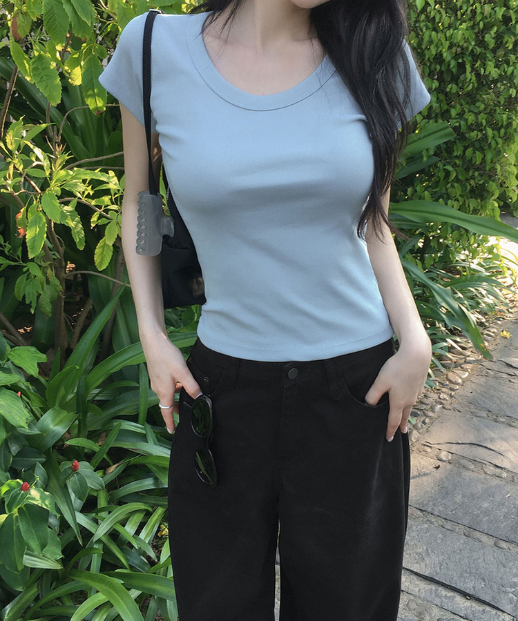 Uネックコットン半袖Tシャツ(7color) SOFT BLUE