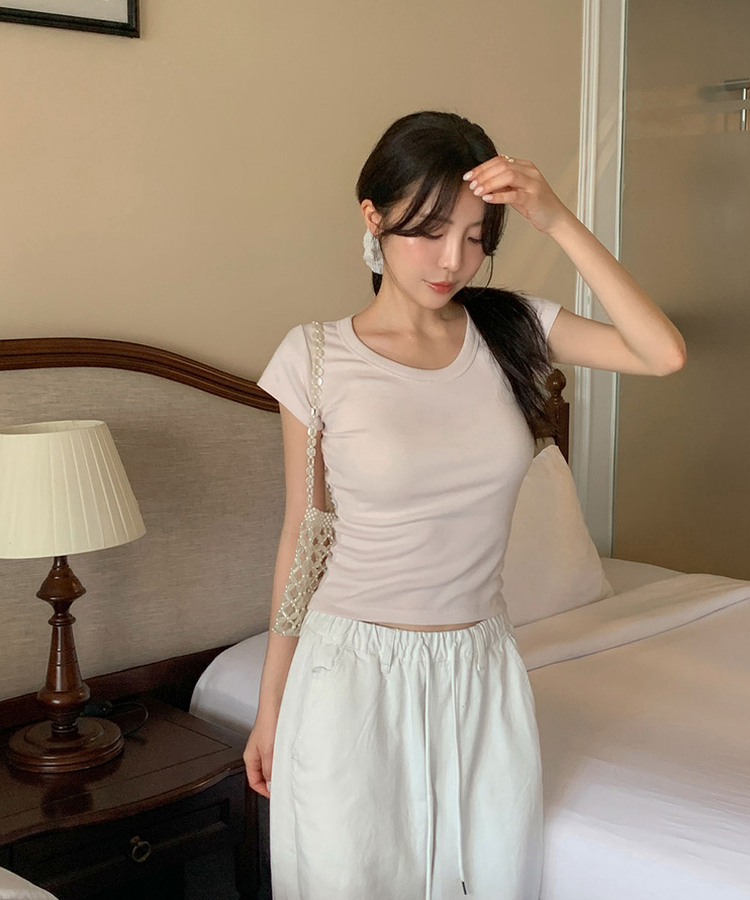 Uネックコットン半袖Tシャツ(7color) PINK