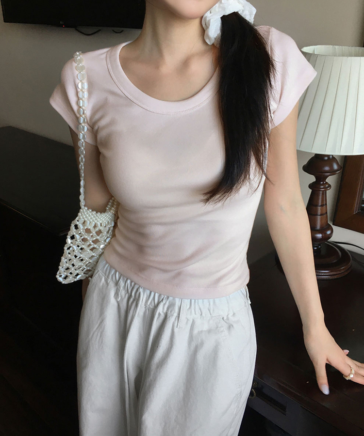 Uネックコットン半袖Tシャツ(7color) PINK