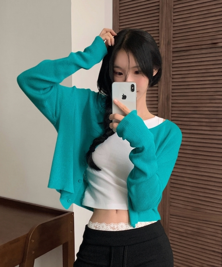 ラウンドネック長袖ニットカーディガン(7color) MINT