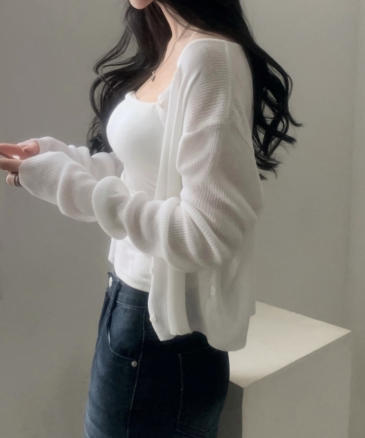 ラウンドネック長袖ニットカーディガン(7color) IVORY