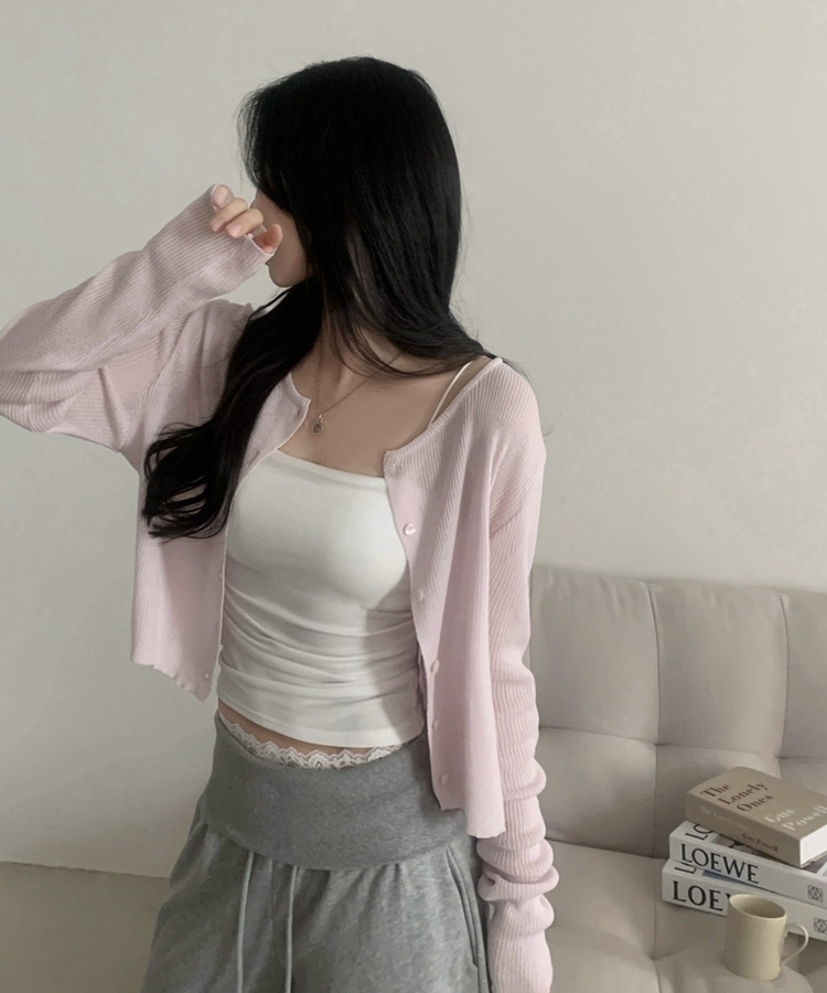 ラウンドネック長袖ニットカーディガン(7color) PINK