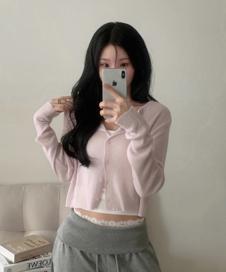 ラウンドネック長袖ニットカーディガン(7color) PINK