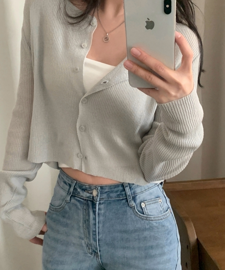 ラウンドネック長袖ニットカーディガン(7color) GREY