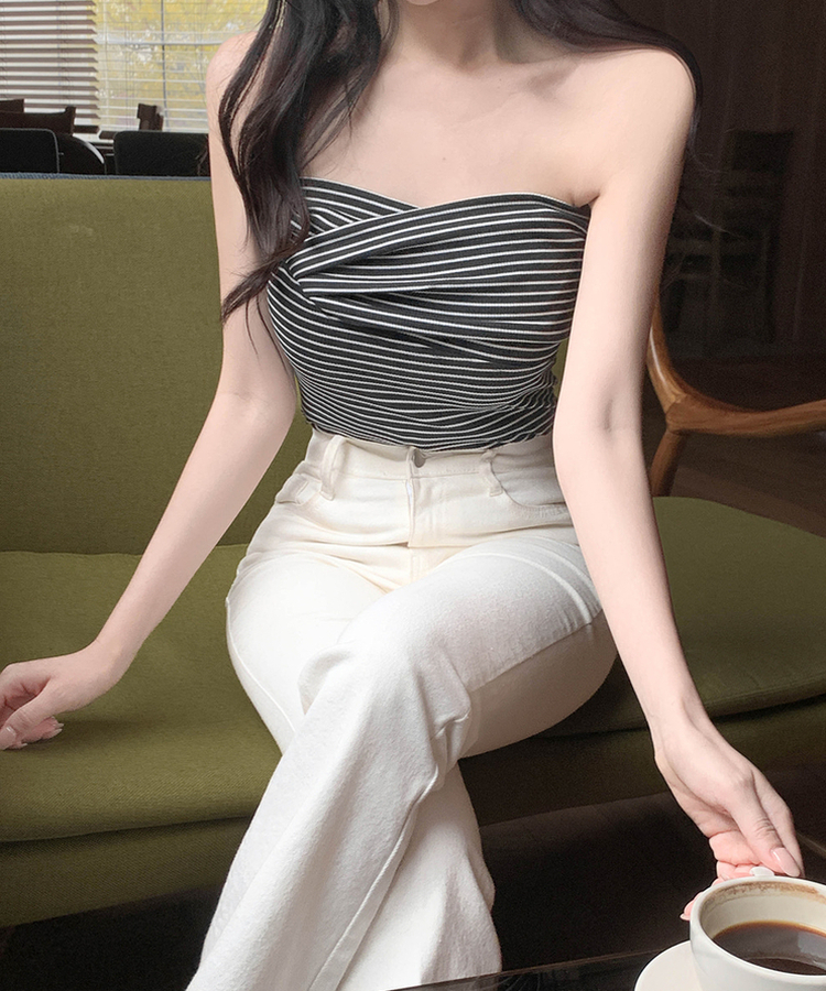 ストライプオフショルダー半袖Tシャツ BLACK