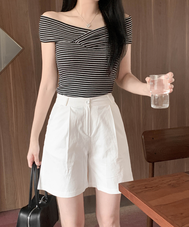 ストライプオフショルダー半袖Tシャツ BLACK