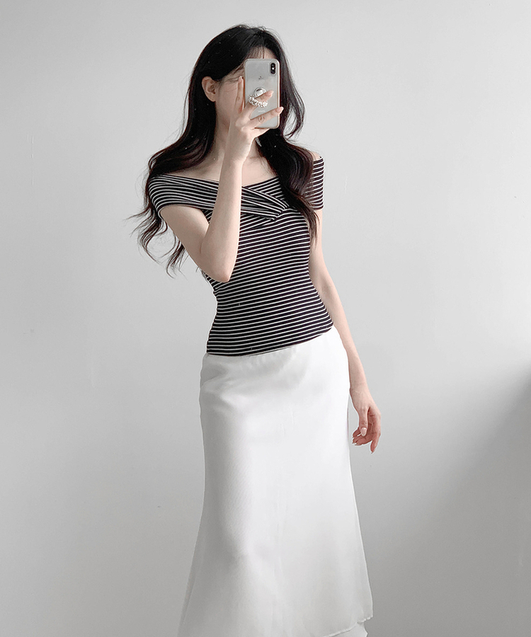 ストライプオフショルダー半袖Tシャツ BLACK