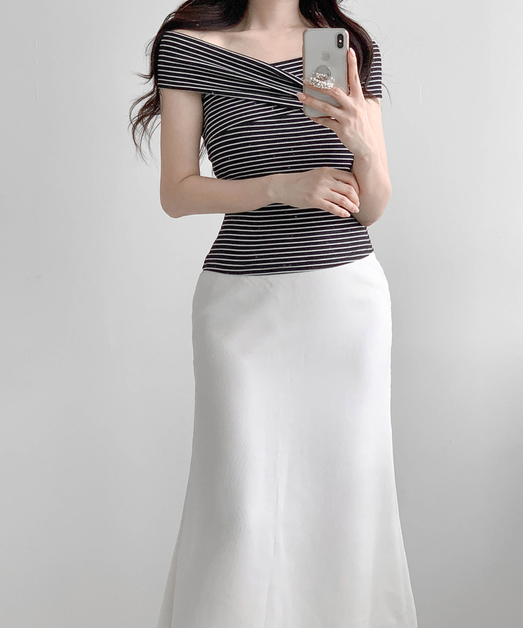 ストライプオフショルダー半袖Tシャツ BLACK