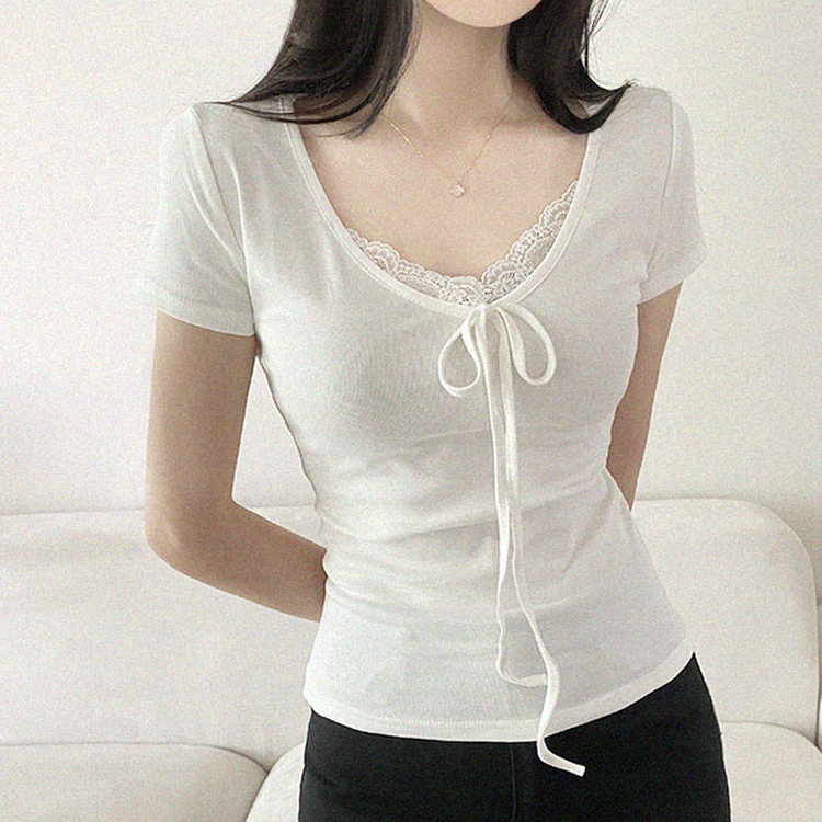 レースレイヤードリボンVネック半袖Tシャツ WHITE